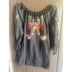 Velzera Womens Dress Black Floral Bird Embroidery Tassled Sleeves  Medium NWT